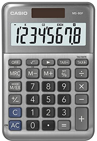 Casio Tischrechner MS-80F, 8-stellig, Steuerberechnung, Quadratwurzel, Aluminiumfront, Vorzeichenwechsel, Solar/Batteriebetrieb