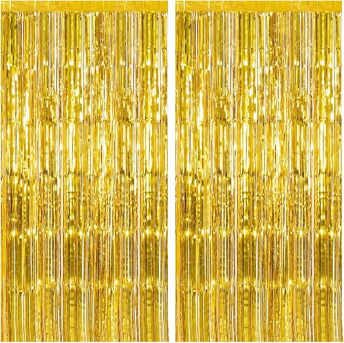 2 Pack Gold Backdrop Birthday Decorations Foil Curtain Backdrop Gold Streamers Dance Party Decorations Photo Booth Props for Bachelorette Decorations Christmas Halloween New Years Eve Party Supplies