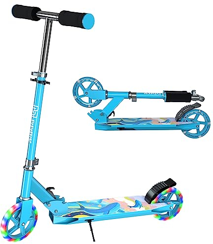 IMMEK 2 Wheels Kick Scooter, Foldable Scooters, Suitable for Girls and Boys at the Age of 4+, LED Light PU Wheels, Height Adjustable, Maximum Weight up to 80 kg（Blue）