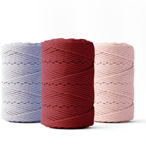 LEDENT Corda per macramè (2mm, 3x70M, viola chiaro, bordeaux e rosa) - Corda doppia ritorta per macramè in cotone riciclato al 100% per il macramè o il crafting - Set di 3 pezzi.