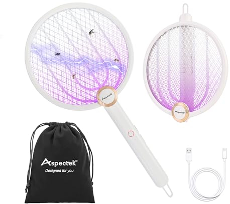 ASPECTEK Elektrische Fliegenklatsche, wiederaufladbare 3000 V Elektro-Mückenklatsche und UV-Mückenlampe mit USB-Ladekabel, gegen Mücken, Fliegen und Fliegende Insekten, inklusive Aufbewahrungstasche