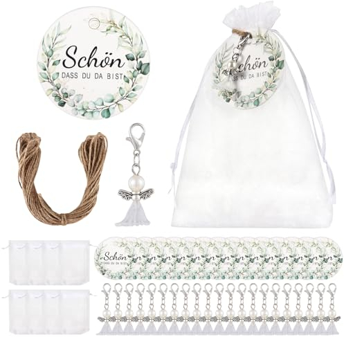 YANGUN 30 Sets Schutzengel Anhänger, Gastgeschenke Taufe Hochzeit mit Organza Tasche und Kraftpapier Anhänger (Art Deco)