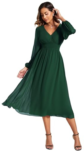 Ever-Pretty Vestido de Invitada Boda para Mujer Cuello en V Manga Larga Cintura Imperio Vestido de Noche Verde Oscuro 46