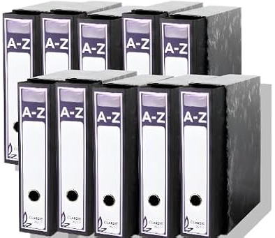Carpeta AZ Organizadora Premium A-Z con Caja Elegante en Negro Jaspeado – Perfecto para Formato Folio, Ancho 75 mm – Elegancia y Eficiencia en Tu Espacio de Trabajo (Pack de 10)