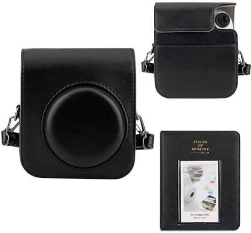 Mumlicha PU-läder kameraväska och 64 fickor fotoalbum kompatibel med Fujifilm Instax Mini 12 direktbildskamera, mini 12 skyddsfodral med justerbar axelrem, svart, kameratacha