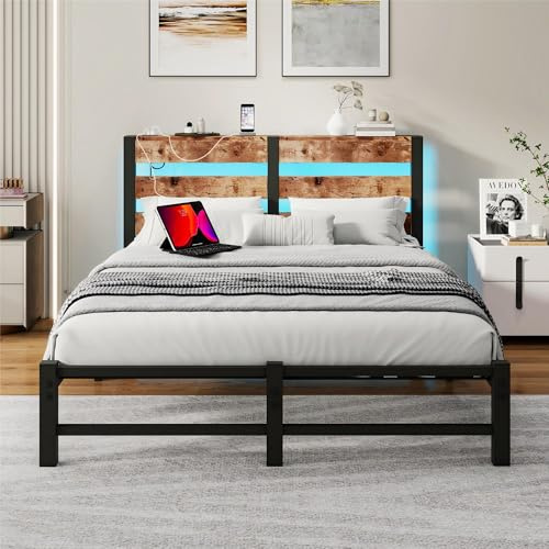 HOMERECOMMEND 5ft King Size Bed Frame with USB Charging Station,Queen Size LED Bed Frame with Wood Storage Headboard,King Metal Platform Bed Frame,Strong Slats Support,Easy Assembly