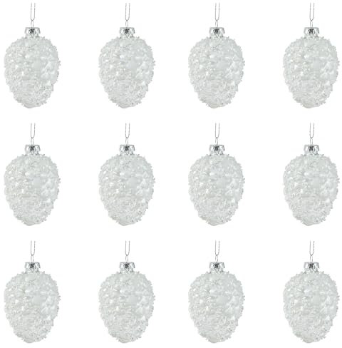 Kaemingk Lot de 12 pommes de pin en verre avec perles - 10 cm - Décoration de sapin de Noël - Blanc
