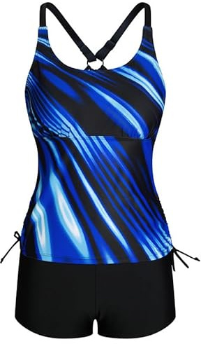 JASAMBAC Tankini Femme Maillot de Bain 2 Pièces Abdominal Tankini Haut et Short de Bain Taille Haute Maillot de Bain Confortable avec Bretelles Réglables Mode Sportif Plage, XL