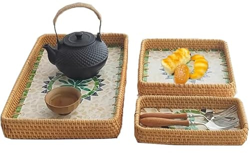 Vassoio da portata in rattan con inserto in madreperla, confezione da 3 cestini rettangolari decorativi bohémien, per colazione, piatti da portata per pane, frutta, cibo, caffè (Boemia)