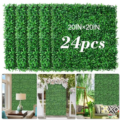 AOKIE - Pared de césped artificial de 20 x 20 pulgadas, 24 paneles de pared de seto de boj antirayos UV, telón de fondo para decoración de pared, pantalla de seto de privacidad para interiores y