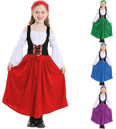 Oktoberfest Clothes for Girls Teen Traditional German Bavarian Dirndl Dress with Apron Halloween (Red, 14-16 Years)