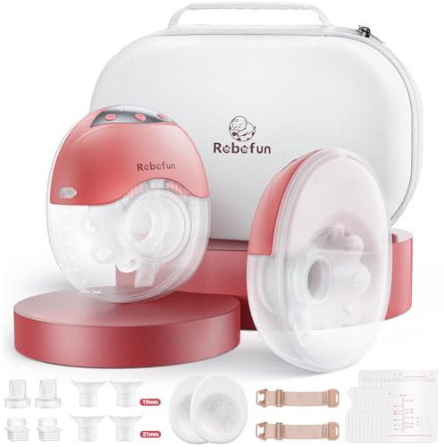 Robofun 2er-Pack Milchpumpe Elektrisch Freihändig, Leise Doppelmilchpumpe, 4 Modi und 12 Saugstufen, Elektrische Milchpumpe Handsfree mit Staubschutzdeckel,19mm/21mm/24mm Flansch- Rosa