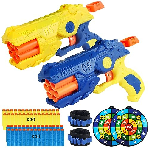 2 Pack Toy Foam Blaster Blaster Toy Gun Compatible with Nerf Bullets, 6 Auto-Dart Rotating Drum Soft Bullets Pistol, Children Christmas Birthday Boys and Girls 6 + Years Kids Old Indoor Outdoor Games
