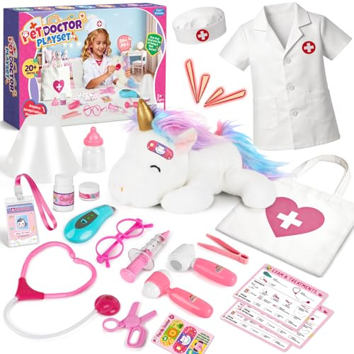 Kit de Médico para Niños, Veterinaria Juguetes con Unicornio Peluche y Bata, Roles Juguete para Mayores de 3 4 5 6 Años Cumpleaños