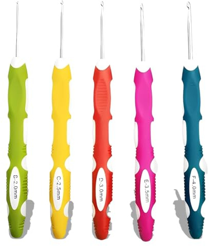 JYNXOR 5 Pièces Crochets en Aluminium Tricot Outils Multicolore, Set Crochets à Tricoter, rochets ergonomiques, avec poignée en silicone colorée, pour amateurs de crochet, Débutants et Professionnels