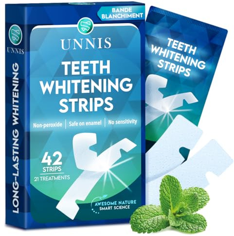UNNIS Tiras Blanqueadoras Dientes, Paquete de 42 Tiras (Tratamiento de 21 Días) Para un Blanqueamiento Dental Suave y Eficaz, Seguras Para Dientes Sensibles, sin Peróxido, Antideslizantes