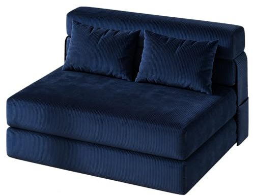 OPULENTHOME Canapé lit Convertible 2 Place Pliable avec Oreillers,2 in 1Fauteuil-lit Convertible en Velours côtelé,Canapé Paresseux/Chauffeuse pour Chambre,Salon(107X32X32cm,Bleu)