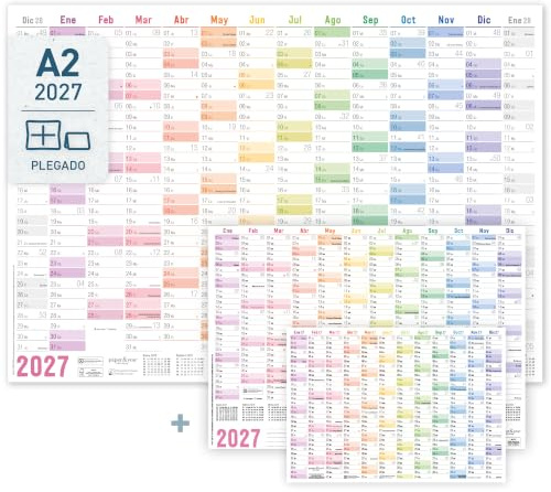 Häfft® Calendario de pared 2027, formato A3, plegado en español Rainbow
