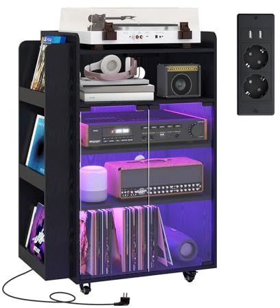 YU YUSING Meuble Vitrine CD Chaine HiFi à 5 Niveaux avec Éclairage RGB | 20 Couleurs, Prise Intégrée et Roulettes, Meuble Platine Vinyle, Étagères Réglables, DVD, Tourne Disque, Salon/Bureau/Studio