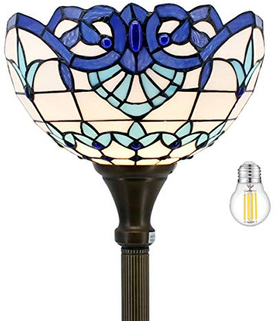 WERFACTORY Tiffany Floor Lamp Navy Blue Baroque Stained Glass Light 12X12X71 Inches Pole Torchiere Standing Corner Torch Uplight Decor Bedroom Living Room Home Office S003B Series