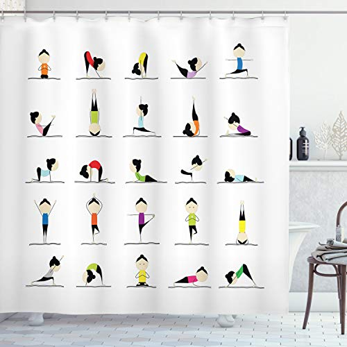 ABAKUHAUS Gymnastik Duschvorhang, Frau Macht Yoga, Stoffliches Gewebe Badezimmerdekorationsset mit Haken, 175 x 180 cm, Weiß Mehrfarbig