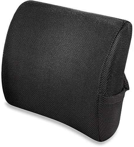 Vitabo ergonomisch geformtes Rückenkissen mit Memory-Funktion| gewölbtes Lendenwirbel-Kissen mit Gurt und Handytasche (Schwarz)