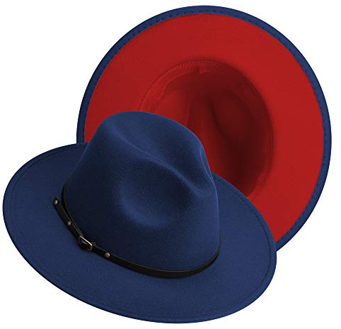 Brett brätte Fedora-hattar för kvinnor och män klassisk filt panama-hatt herr tvåfärgad klänning hatt med bältesspänne, Yttre marin inre röd, M