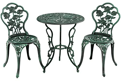 GOPLUS 3 delar Bistroset, Ø 60 cm bistrobord med 2 stolar, trädgårdssats, balkongset av gjuten aluminium, balkongmöbler, trädgårdsmöbelset, sittgrupp, antik för trädgård, balkong, gård, terrass, pool
