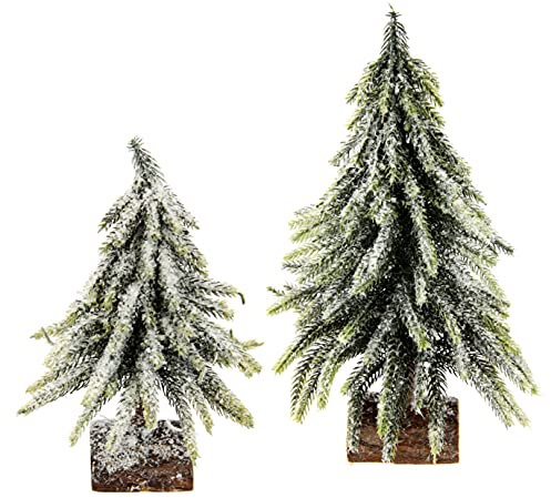 Flair Flower Künstlicher Christbaum mit Kunstschnee, auf Sockel, 2er Set Mini Helado y Cortado, con Base de Madera, Nieve Artificial, decoración de Mesa, árbol de Navidad pequeño, Verde/Blanco, 26 cm