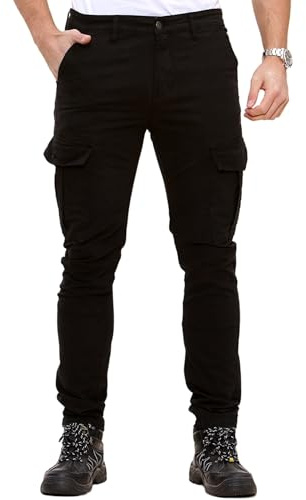 Soroor Cargo Trousers for Men UK, Slim Fit Tapered Cargo Pants Mens, Combat Trousers for Men UK for Work & Utility, Durable Mens Cargos | Black - 30L 30W | Stretch Twill Cotton Cargos