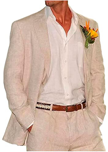 Botong Lot de 2 costumes de mariage en lin pour homme avec revers en pointe, costume de bal de fin d'année, smoking pour marié, costume d'été de plage, tenue décontractée, beige, 50 cm