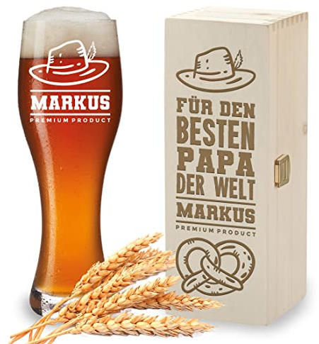 Vaso de cerveza de trigo + caja de madera con grabado personalizado, diseño de mejor papá, 1 caja de madera auténtica, 1 vaso de cerveza de 500 ml, regalo para hombres, papá, abuelo, abuelo