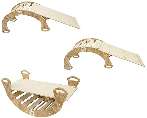 Skyline Balancelles Bascule Enfant Montessori Bebe 1 an Escalade Arche en Bois Mur descalade meble Arc à Grimper Bascule d'équilibre Portique d'escalade avec Toboggan L Imitation chêne