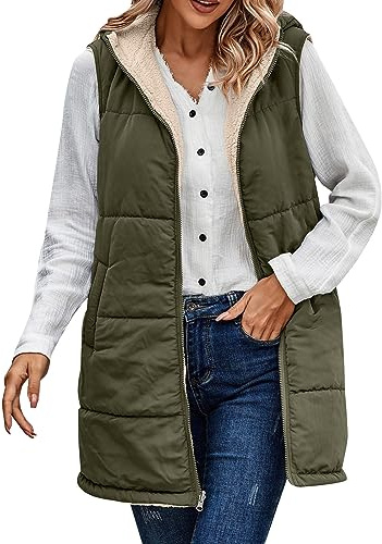 DABAOK Gilet da donna Autunno Gilet reversibile senza maniche Giacca in pile Zip Up Tasche con cappuccio Lungo Caldo Cappotto invernale Capispalla Donna Gilet trapuntato lungo, AG., 3XL