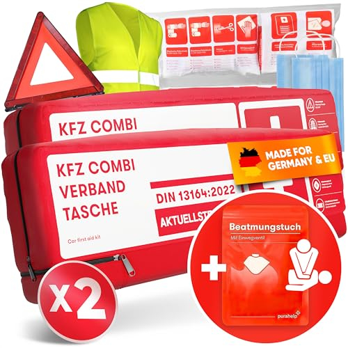 PURAHELP 2x KFZ Kombitasche nach aktueller Norm 2025 DIN 13164 (StVO konform) - Inkl. Warndreieck, Warnweste - Verbandskasten Warndreieck Set Auto Verbandskasten 2025