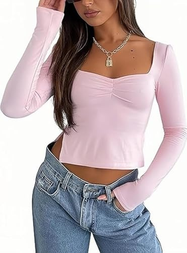 Rongseng Långärmad damtröja sexig crop toppar magfria toppar sweetheart neck långärmad t-shirt smal passform slits plissé tröja Y2K toppar enfärgad skuren topp elegant fashionabla streetwear