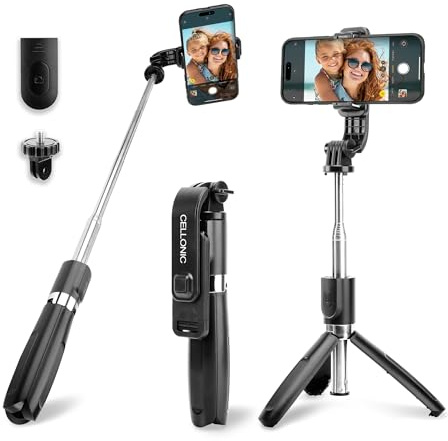 CELLONIC 2-in-1 Selfie-Stick und Stativ–1m Langer ausziehbarer Selfie Stick & klappbares Dreibeinstativ mit Bluetooth Fernbedienung für Handy und Kamera kompatibel mit iPhone,GoPro,Android & weiteren