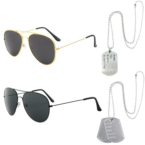 EUPSIIU 4 Pieces Aviators Glasses Pilot Fancy Dress Sunglasses and Dog Tag Solider Military Cosplay Army Costume Aviators Accessories for Men Women Adults Cosplay Dress up Party Theme Halloween (Army)