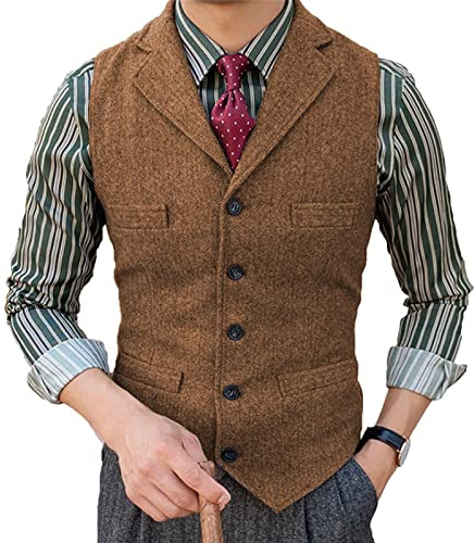 Tuikayoo Traje de hombre chaleco Slim Fit vestido de lana chaleco Tweed Herringbone para padrinos de boda