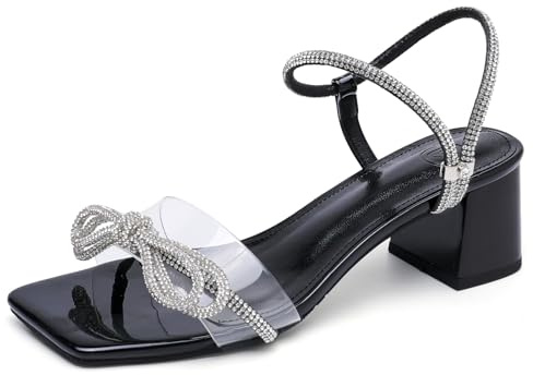 DADAWEN Sandales été Femme avec Strass Chaussures de Soirée Mariage Cérémonie Femmes Sandales à Talons Blocs Bas Bout Ouvert 7cm Noir 35