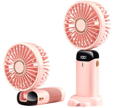 SAUGLAE Hand Held Fan, Portable USB Rechargeable Fans with 5 Speeds, Built-in 5000mAh Battery Operated Mini Foldable Desk Desktop Fans with LED Display for Home Office Bedroom Outdoor Travel (Pink)