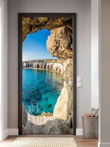 FLFK 3D Door Stickers Peel and Stick 85x215cm,Self-Adhesive Door Murals Wallpaper Poster Cave Seascape Decals for Home Decor(2Pcs/Set)