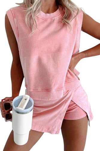KevaMolly Women 2pc Mineral Wash Athletic Lounge Tank Skirt Set Pink S