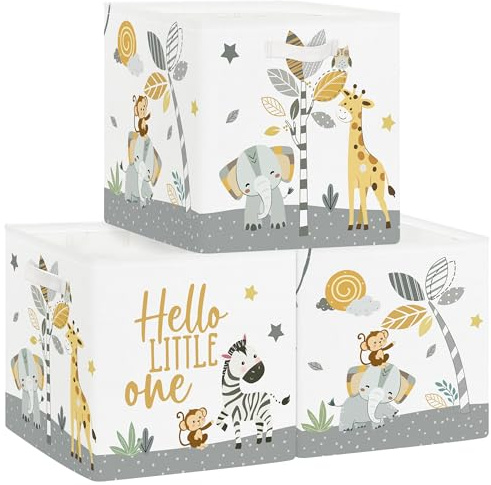 HUUMONSS 30cm Juego de 3 Cajas de Almacenamiento Animales Tropicales Organizadoras de Almacenaje Juguetes Elefante Jirafa Cebra Plegables Cestas Almacenaje Niños Libro Ropa para Estantes Armario,Mono