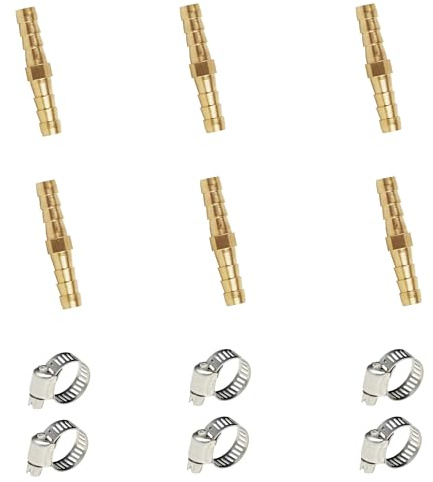 ZCLGOOD 6PCS Brass Hose Barb Fitting 3/8×3/8 Barbed Splicer Mender Union with 12 Stainless Steel Pipe Clamps, Straight Hose Connector for Water, Air, Fuel, Oil, Gas Line Repair Kit