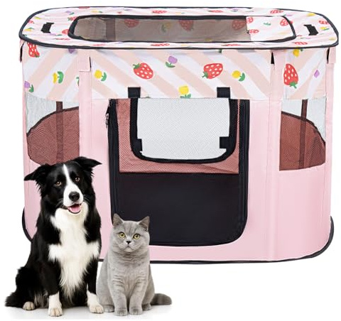 LN COZY CORNER Foldable Pet Playpen, Portable Small Dog Cat Crate, Soft Indoor Outdoor Pet Cage, Puppy Playpen with Mesh Panels, Dog Tent, Cat Playpen, Travel Pet Puppy Cage for Pets (Pink-M)