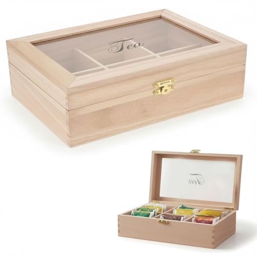 LS-LebenStil Nachhaltige Holz Teebox 6 Fächer Slogan Tea mit durchsichtiger Glas-Deckel Aufbewahrungsbox Teekiste Holzkiste Organizer Aufbewahrung für Tee, Teebeutel