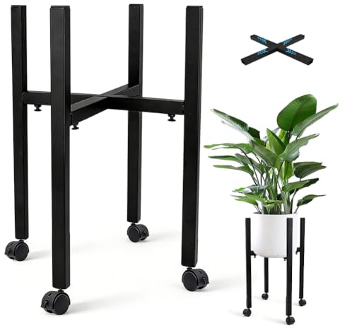 Zinueen Soporte para flores de metal negro ajustable con 4 ruedas, taburete para flores y soporte para plantas, alto para macetas de 24 a 38 cm, interior y exterior
