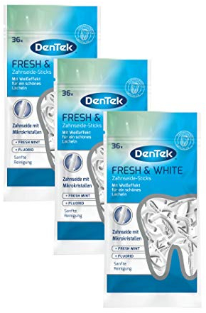DenTek Fresh & White Zahnseide Sticks - mit Mikrokristallen - für weißere Zahnzwischenräume - Zahnseide mit Minzgeschmack - Zahnstocher - Zungenschaber, 3 X 36 Stk.