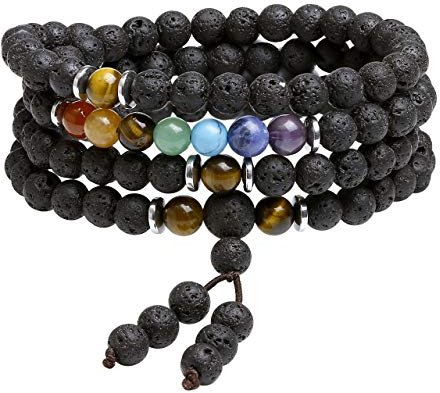 CrystalTears 108 Perlen Mala Kette 6mm Stein Wickelarmband Chakra Armband Healing Reiki Edelstein Yoga Armreif Buddha Gebetskette Halskette (Lava Stein)
